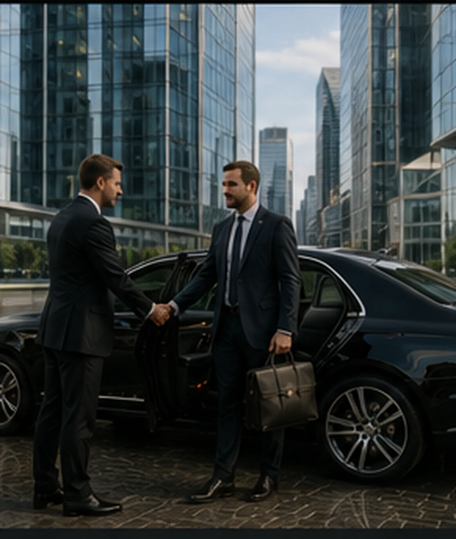 Executive assistant greeting a client beside a chauffeur-driven car outside a London office