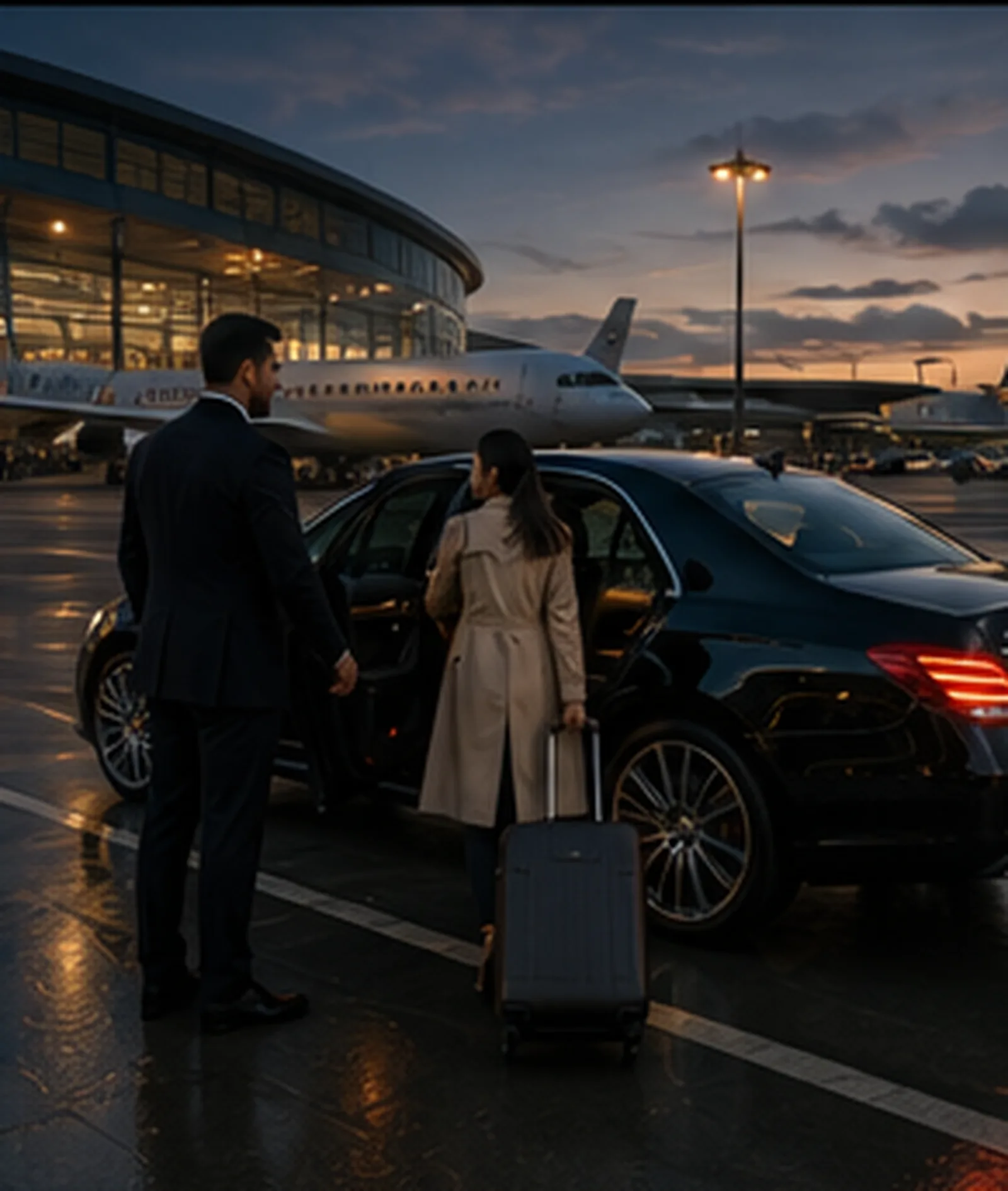 Chauffeur waiting in the arrivals hall at Heathrow Airport holding a name board