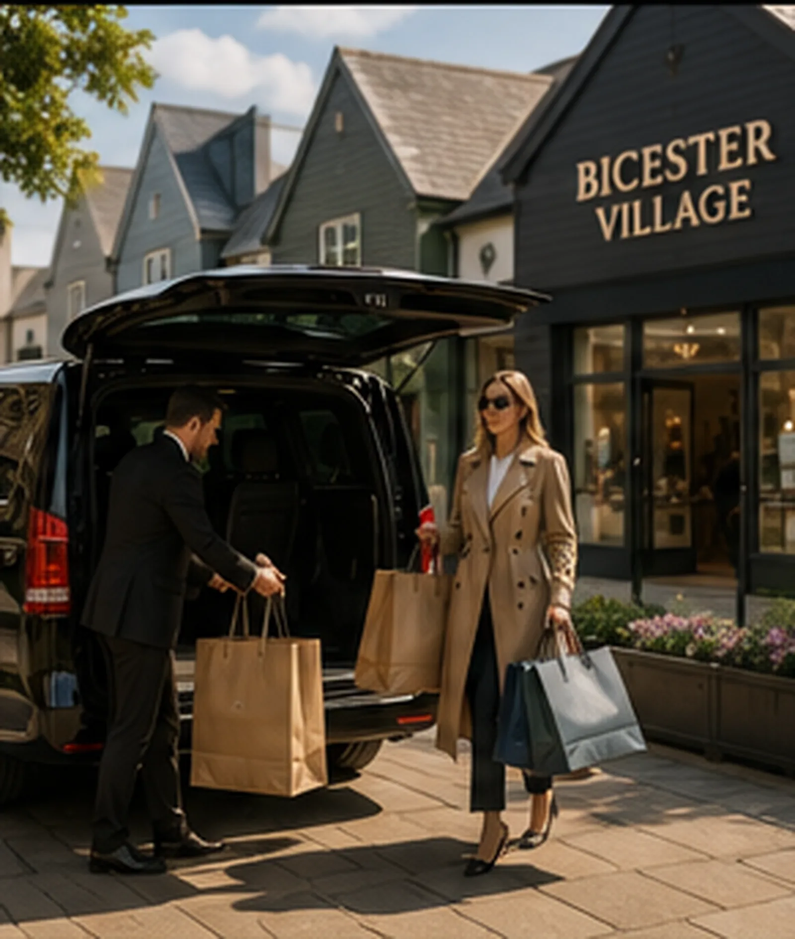 Private chauffeur car parked with the boot open near Bicester Village shopping outlets