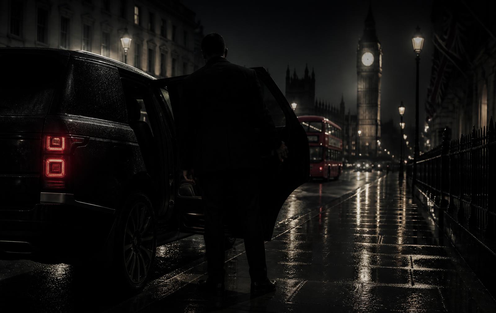 Protection officer opening the door of a dark luxury SUV on a London street at night