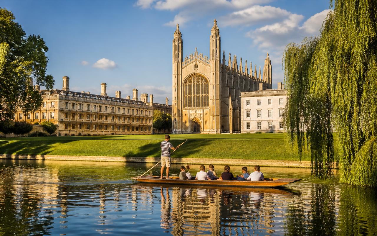 King's College Cambridge chapel across the River Cam with a punt on a private tour from London