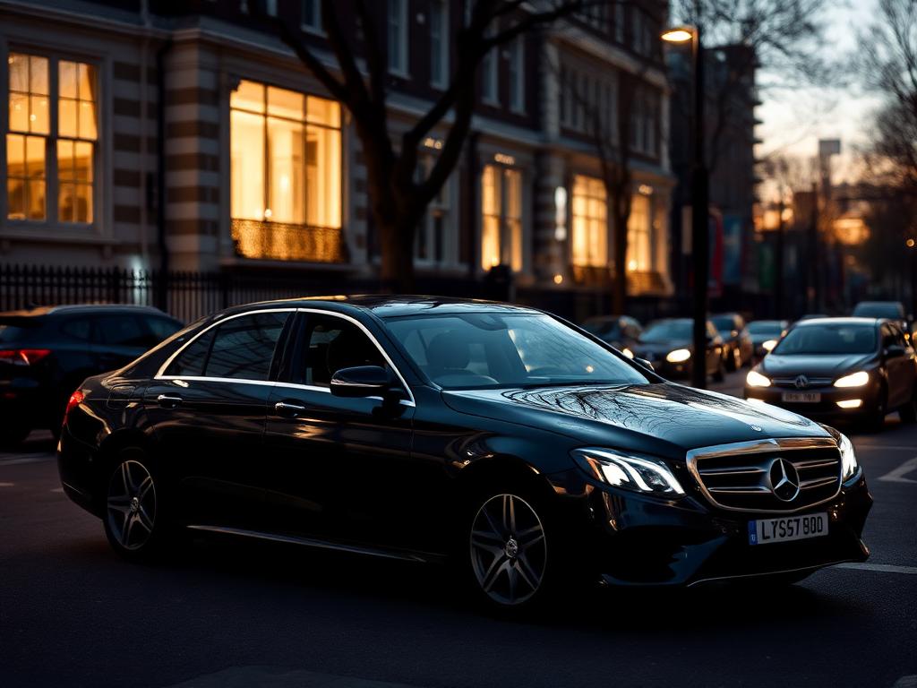 Black executive saloon chauffeur car parked on a London street at dusk