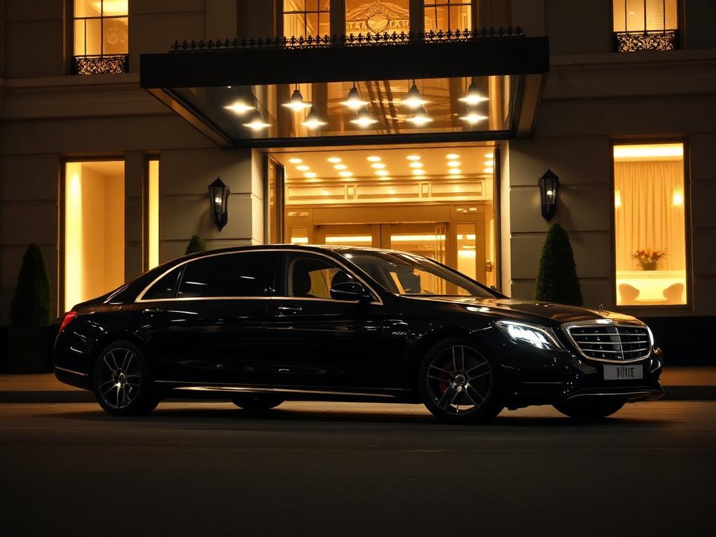 Chauffeur-driven black Mercedes S-Class outside a Mayfair hotel entrance at night