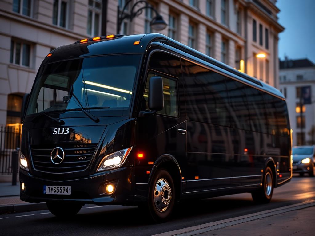 Black executive minibus parked in central London for a corporate group transfer