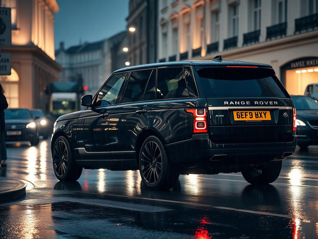 Black luxury SUV on a rain-wet London street at night used for secure transfers